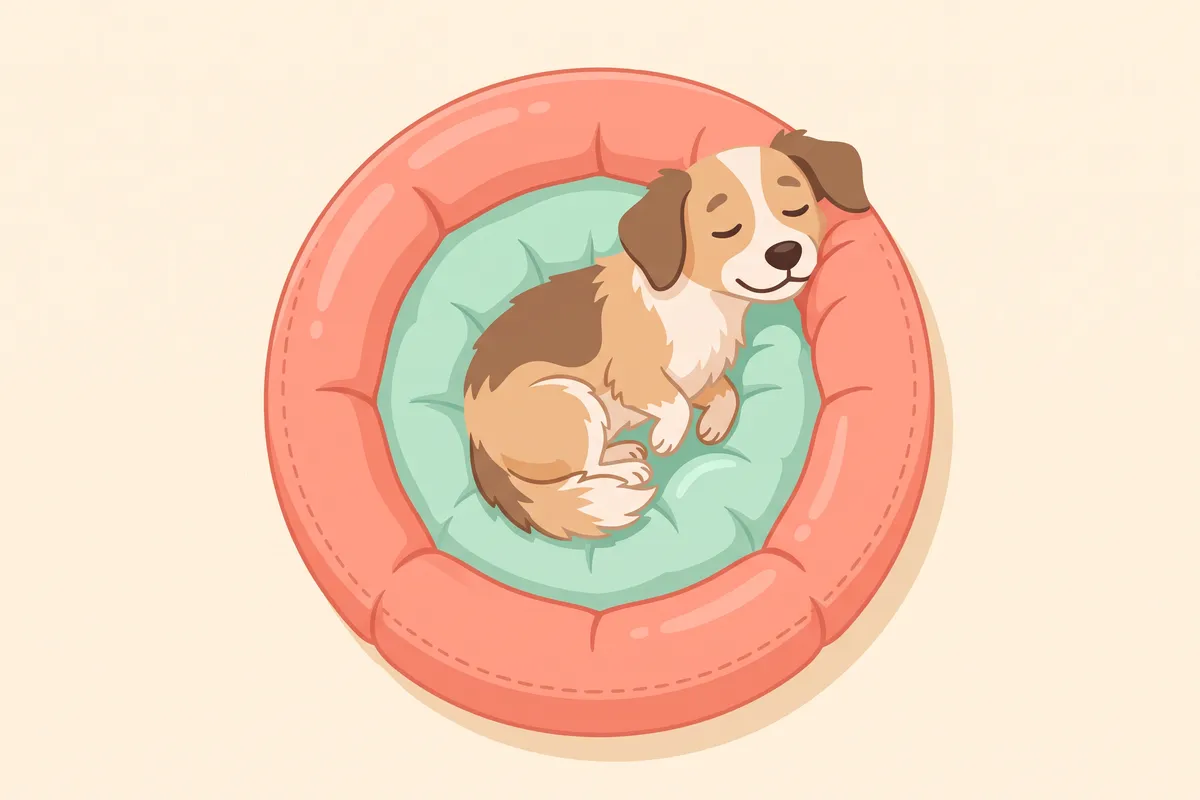 Dog snuggled into the raised rim of a round donut bed, chin resting on the edge