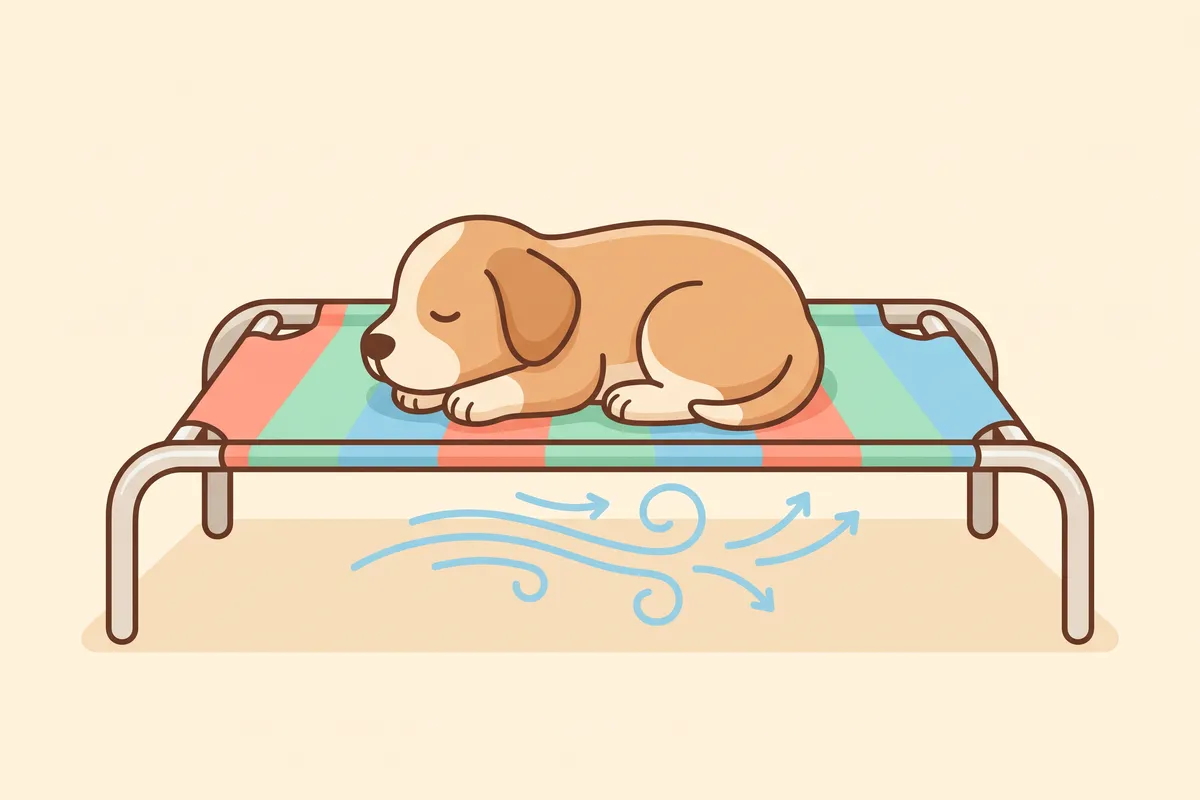 Air flowing under the mesh of a raised dog bed on a deck