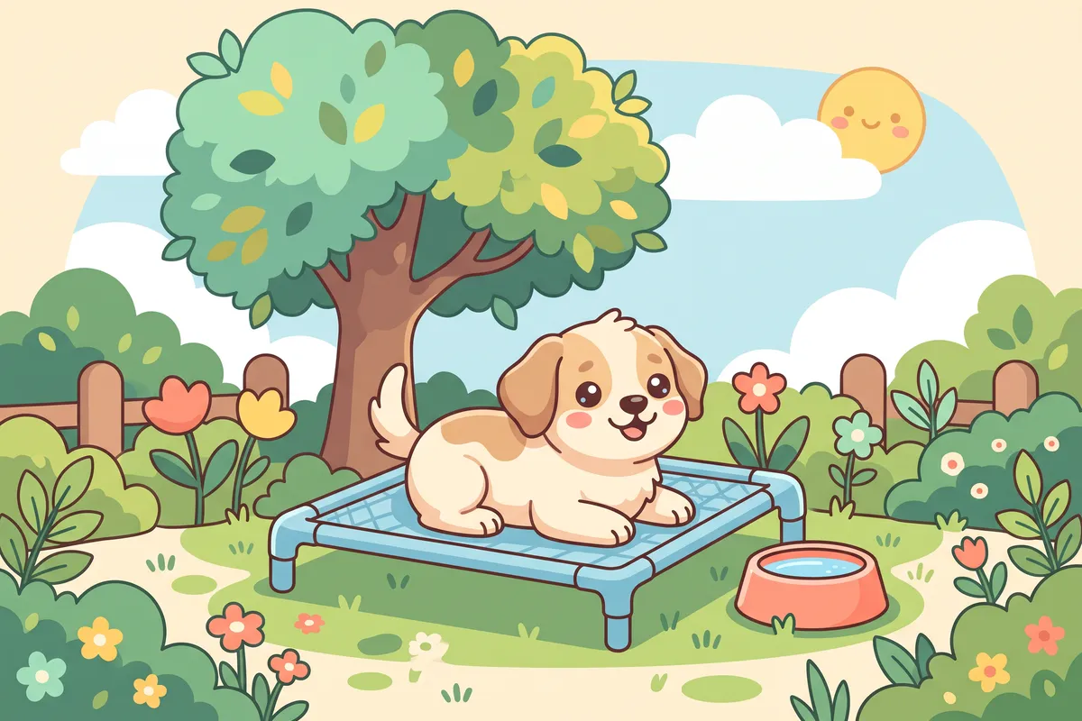 Illustration: a dog resting on a raised cot in the shade of a tree with a water bowl nearby