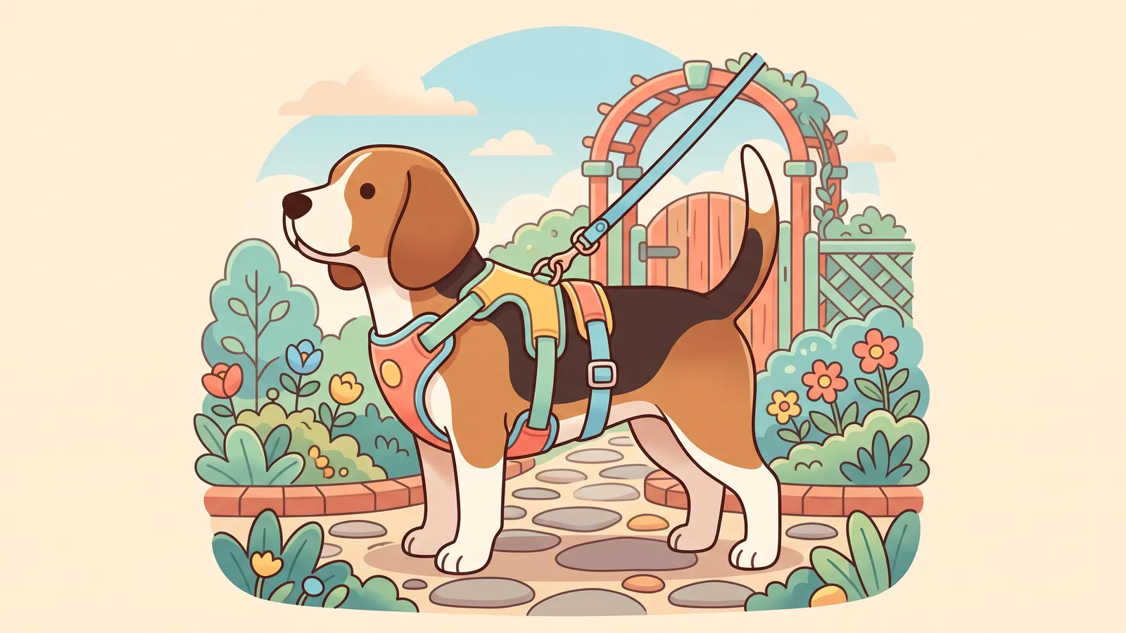 Illustration: a beagle wearing a snug harness with a belly strap, standing on a garden path