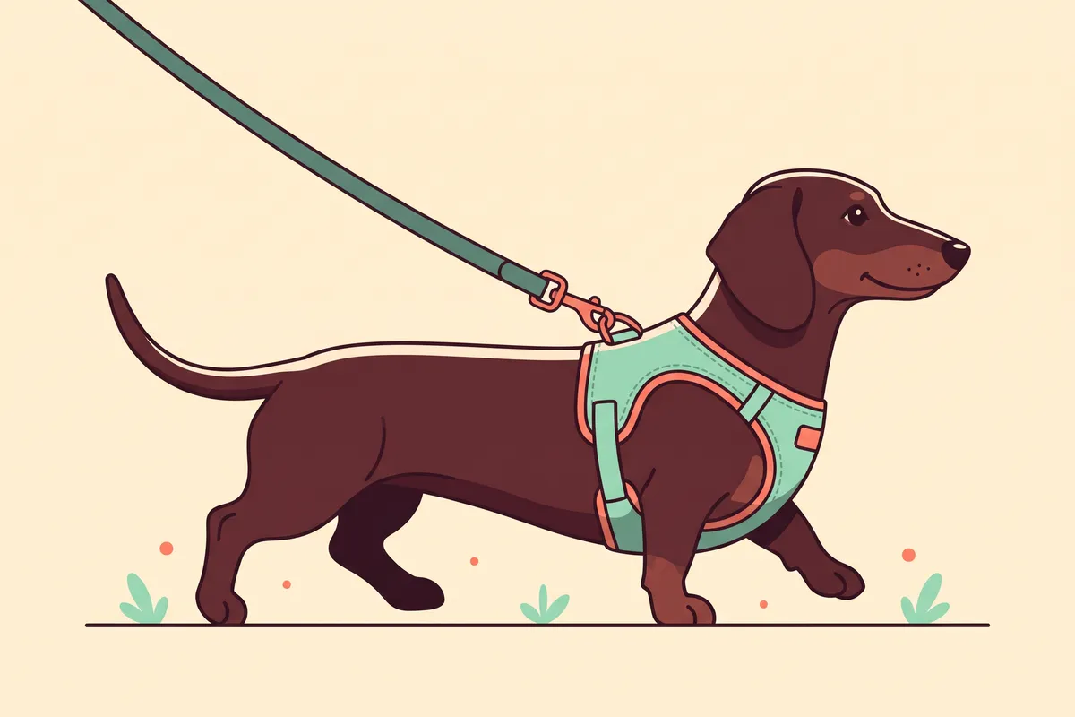 Back view of a dachshund in a harness with the leash clipped at the back, showing the strap running along the spine