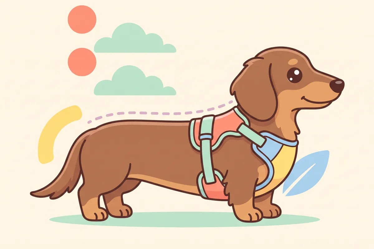 Illustration: side view of a dachshund in a harness that sits on the chest, spine level and straight