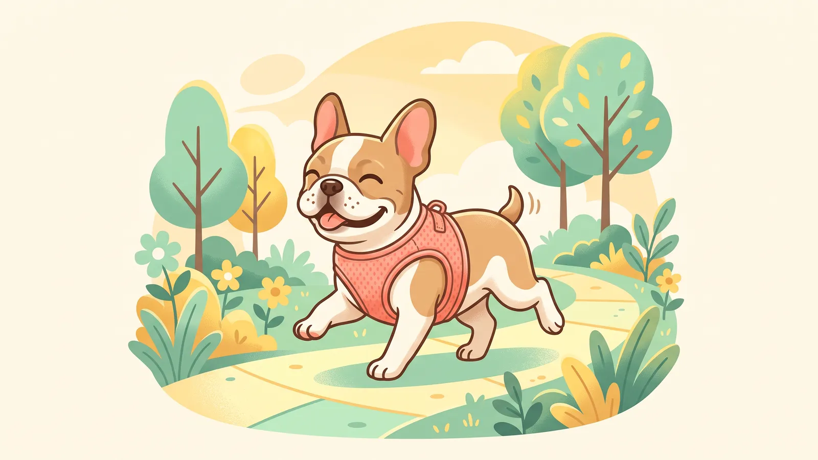French bulldog in a padded harness standing on a sidewalk, looking up at its owner