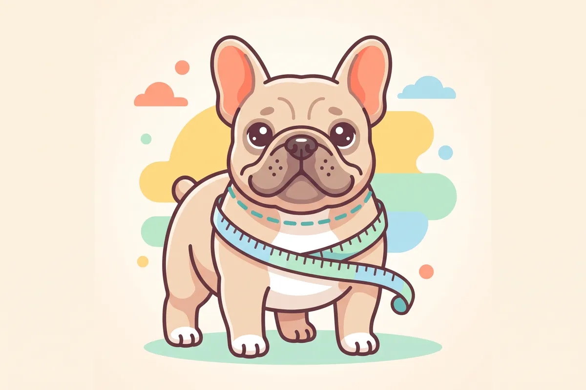 Illustration: a French bulldog standing square with measuring lines around its neck and chest