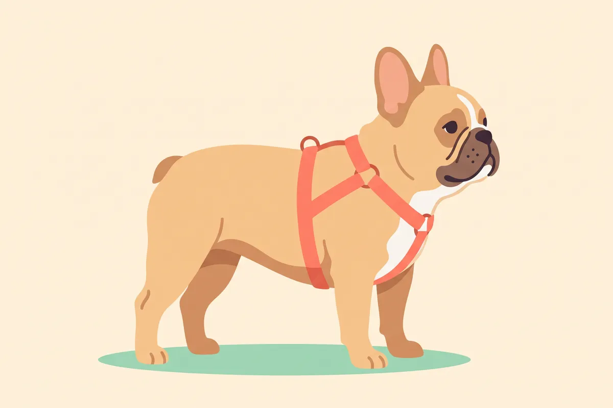 Close-up of a Y-front harness on a French bulldog's chest, the straps meeting on the breastbone well below the throat