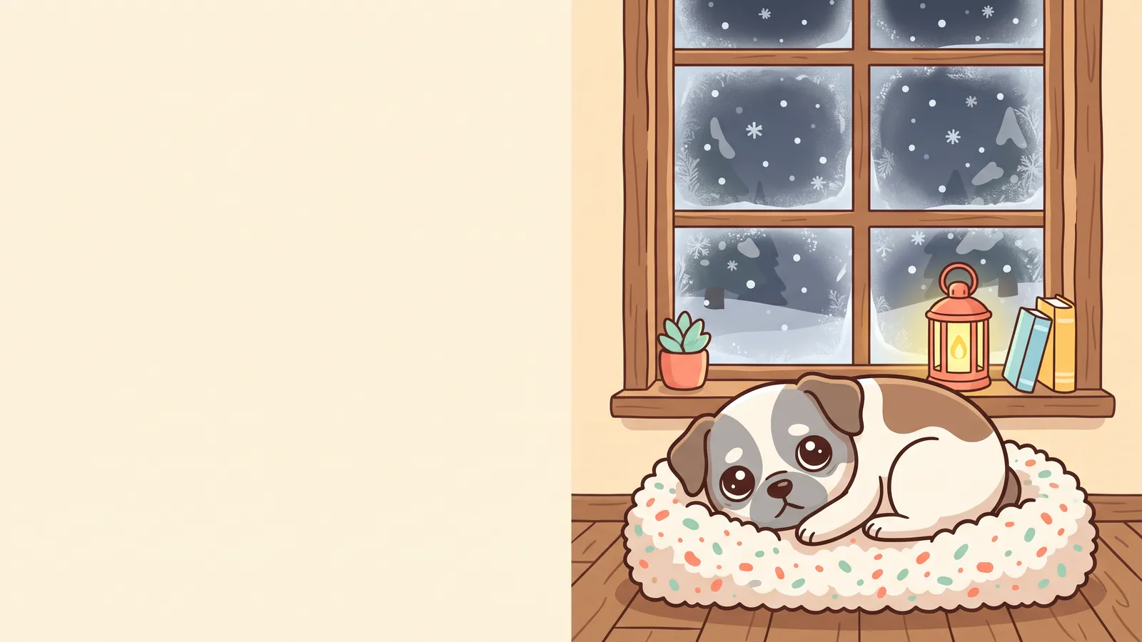 Illustration: small senior dog curled up asleep on a warm fleece-covered heated dog bed on a winter evening