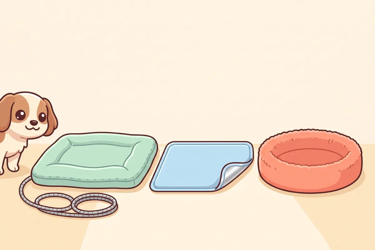 Illustration: three kinds of warm dog bed side by side, a plug-in heated pad with a wrapped cord, a self-warming pad and a microwavable heat disc