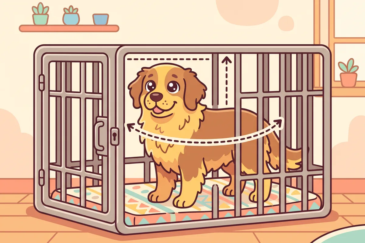 Illustration: a dog standing in a heavy duty crate with room above its head and space to turn around