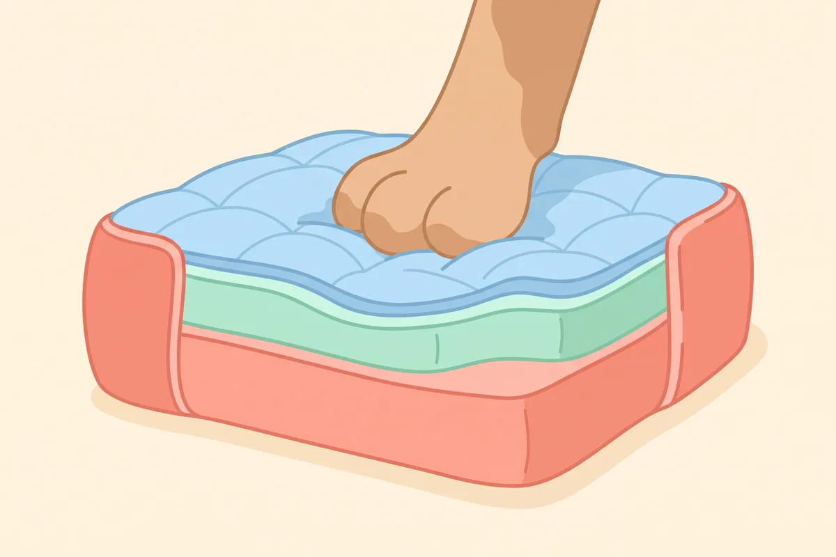 Cutaway of a dog bed showing a memory foam layer over a firmer support foam base