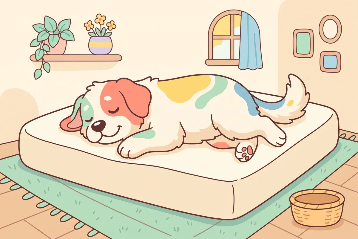 Illustration: a big dog stretched out fully on a large orthopedic bed with room to spare at both ends