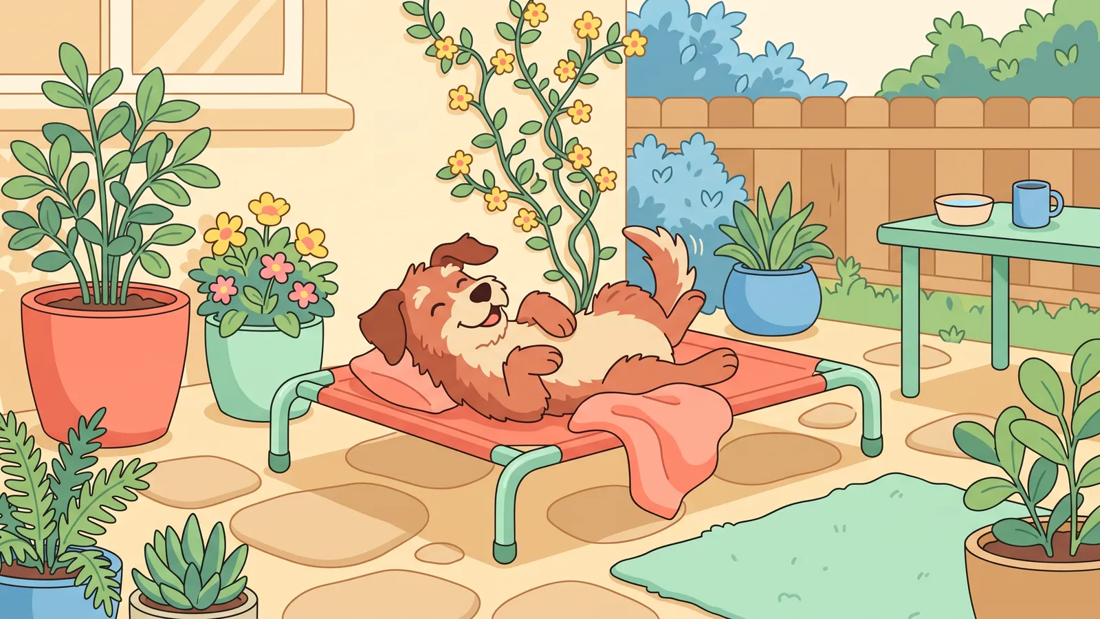 Dog resting on a raised mesh cot on a shaded backyard patio