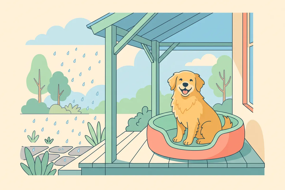 Raised dog cot and a waterproof pad side by side on a covered patio