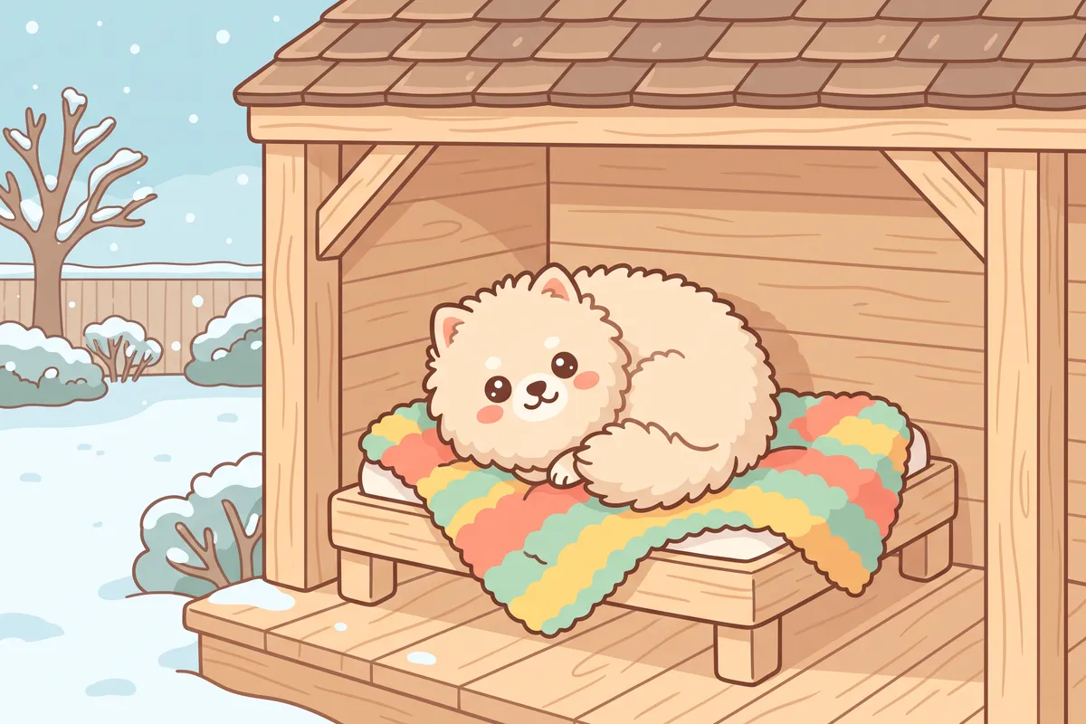 Illustration: a dog curled on a raised bed with a fleece blanket in a sheltered corner of a snowy yard