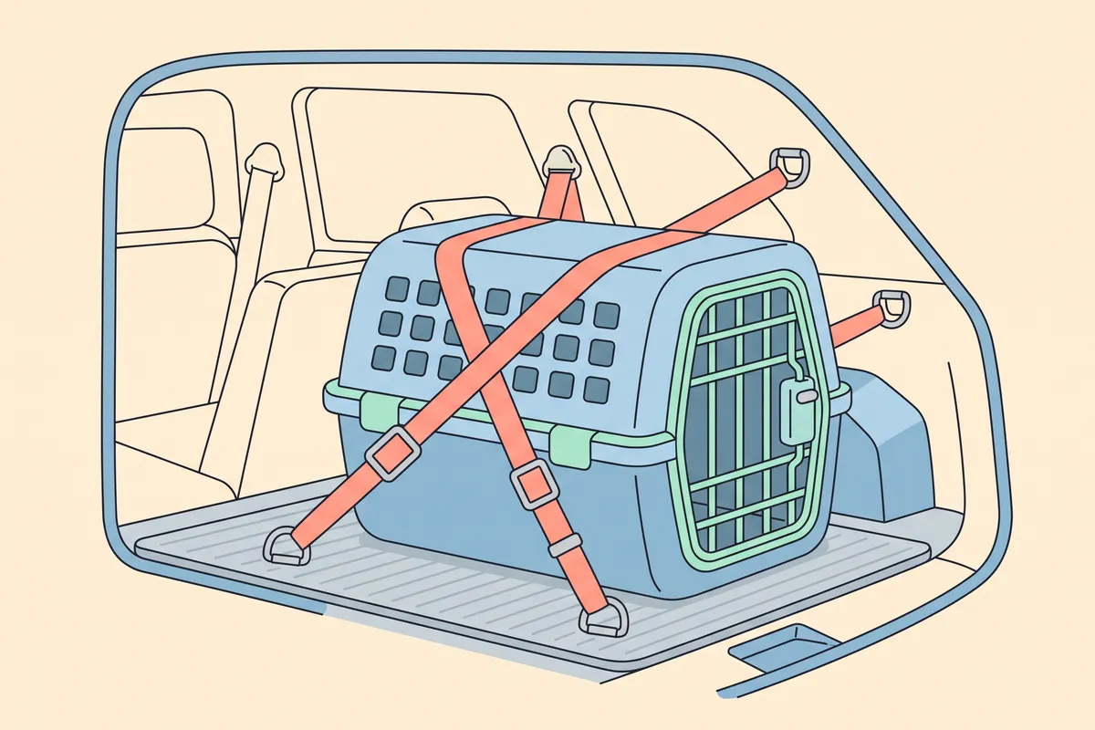 Travel kennel secured with ratchet straps to the tie-down points in an SUV cargo area