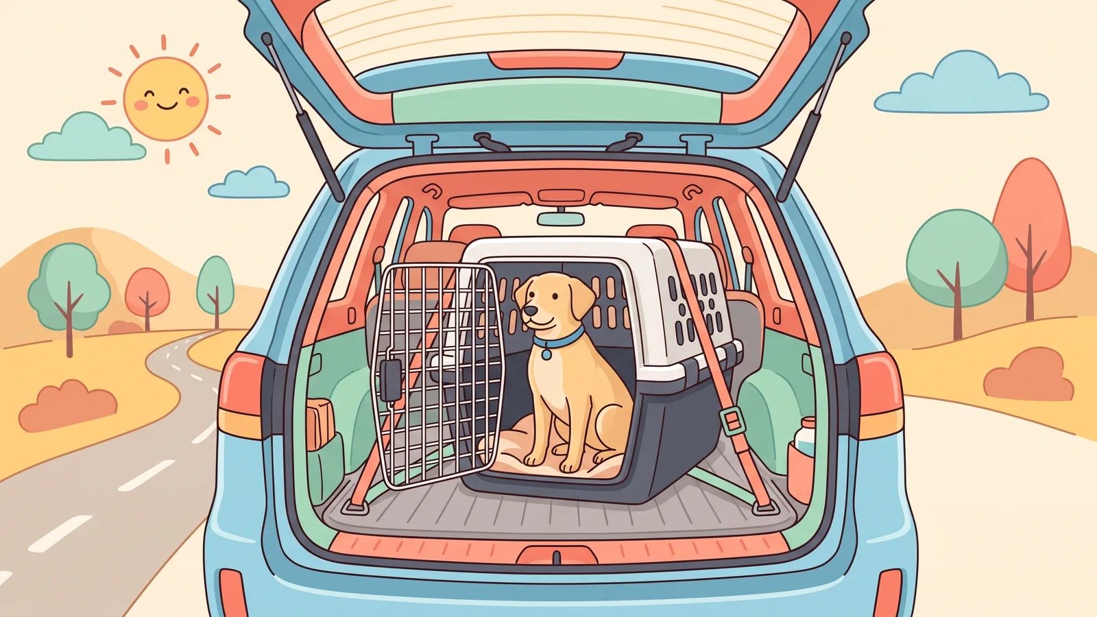 Medium-sized dog lying inside a rotomolded travel kennel strapped into the cargo area of an SUV