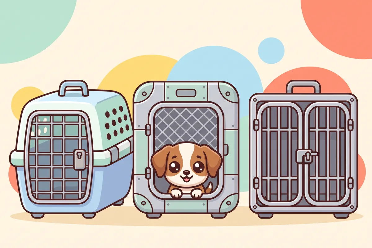 Illustration: three kinds of travel crate side by side: a plastic airline kennel, an aluminium box and a vehicle cage