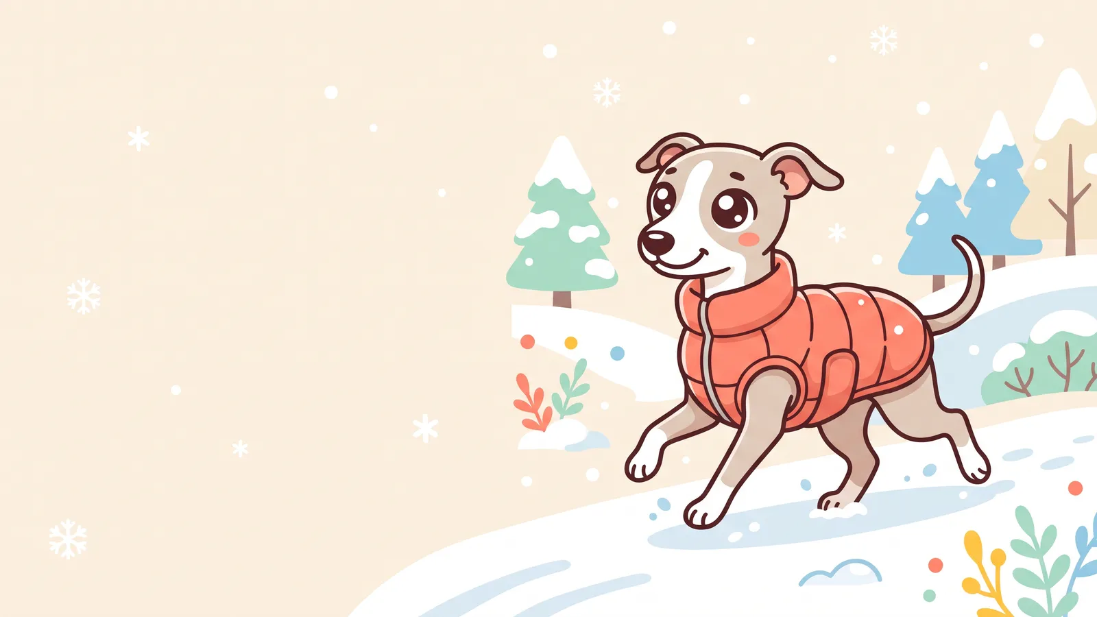 Illustration: short-coated dog in a warm padded winter coat with a high collar walking happily through light snow