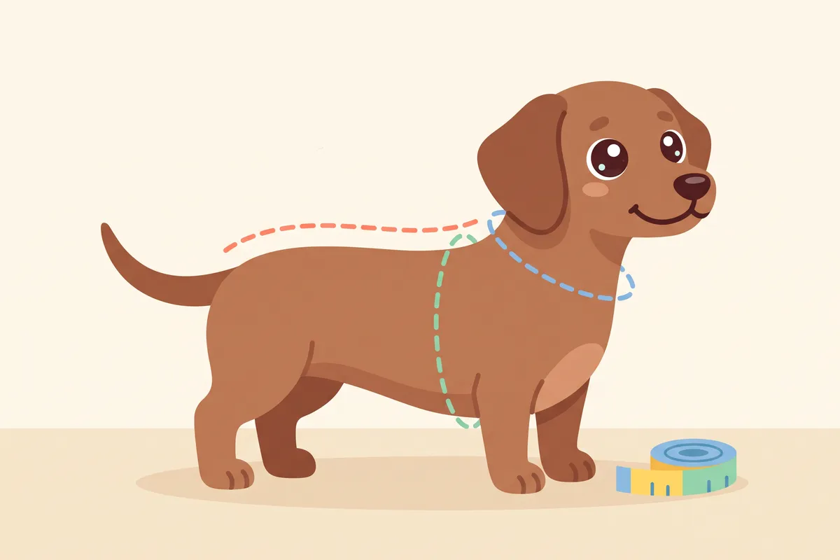 Illustration: a dog standing square with three measuring lines, along the back from neck to tail, around the widest part of the chest, and around the base of the neck