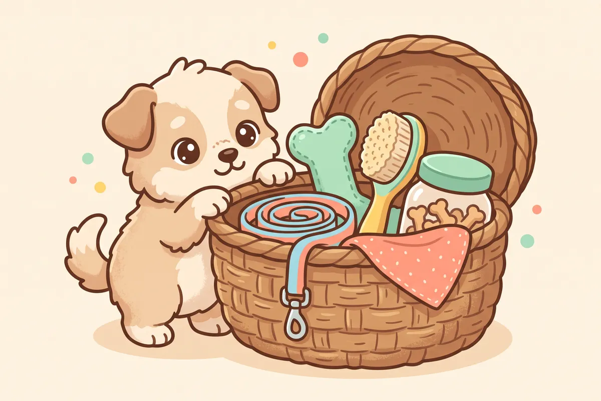 Illustration: a puppy peeking into an open basket of dog gifts: toys, a leash, a brush and a bandana