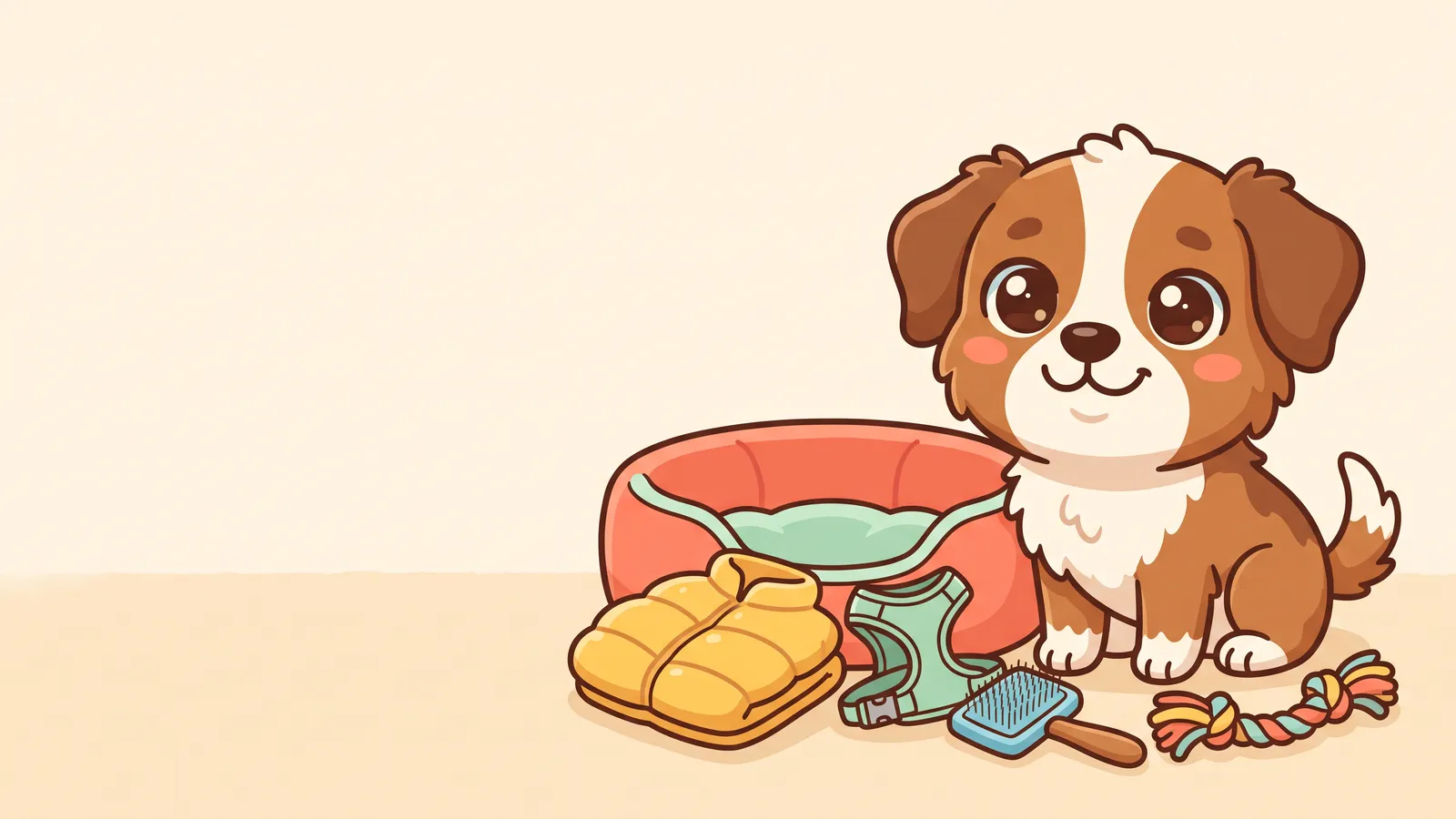 Illustration: a happy dog sitting beside a pile of new dog gear, a bed, a coat, a harness and a brush