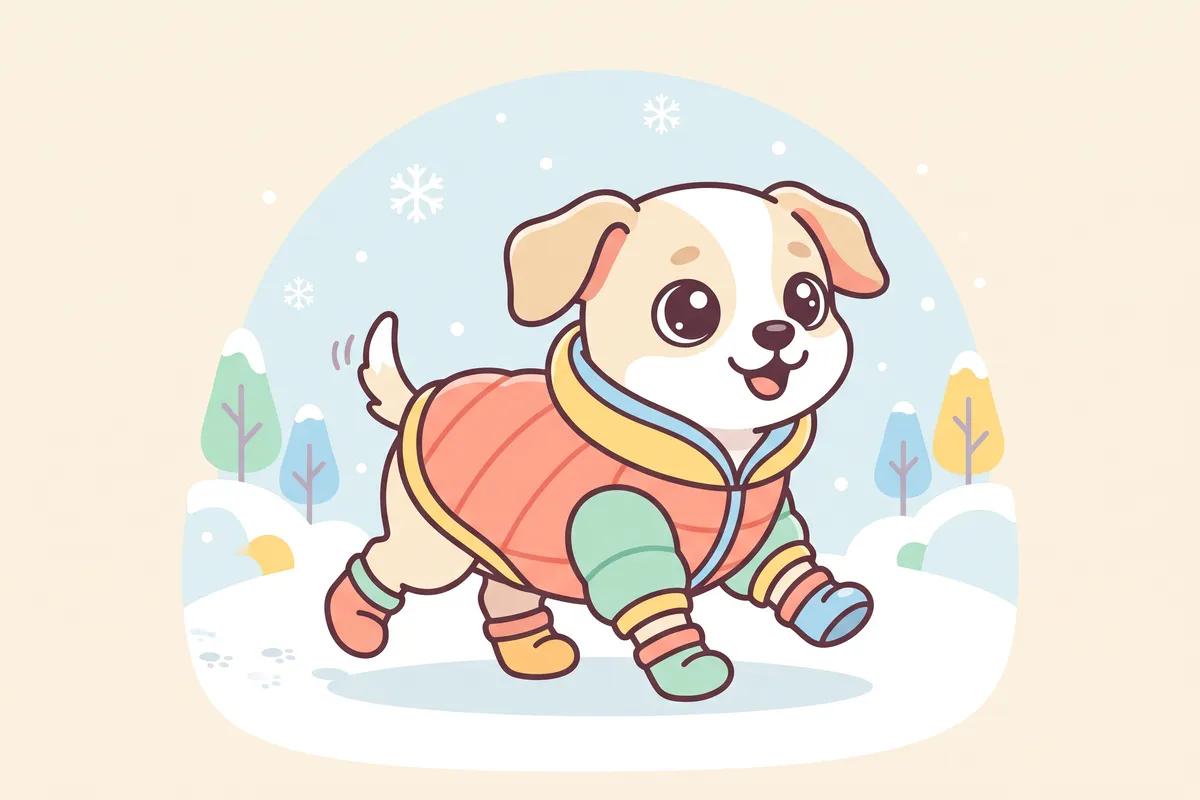 Illustration: a small dog in a padded winter coat and boots trotting through light snow