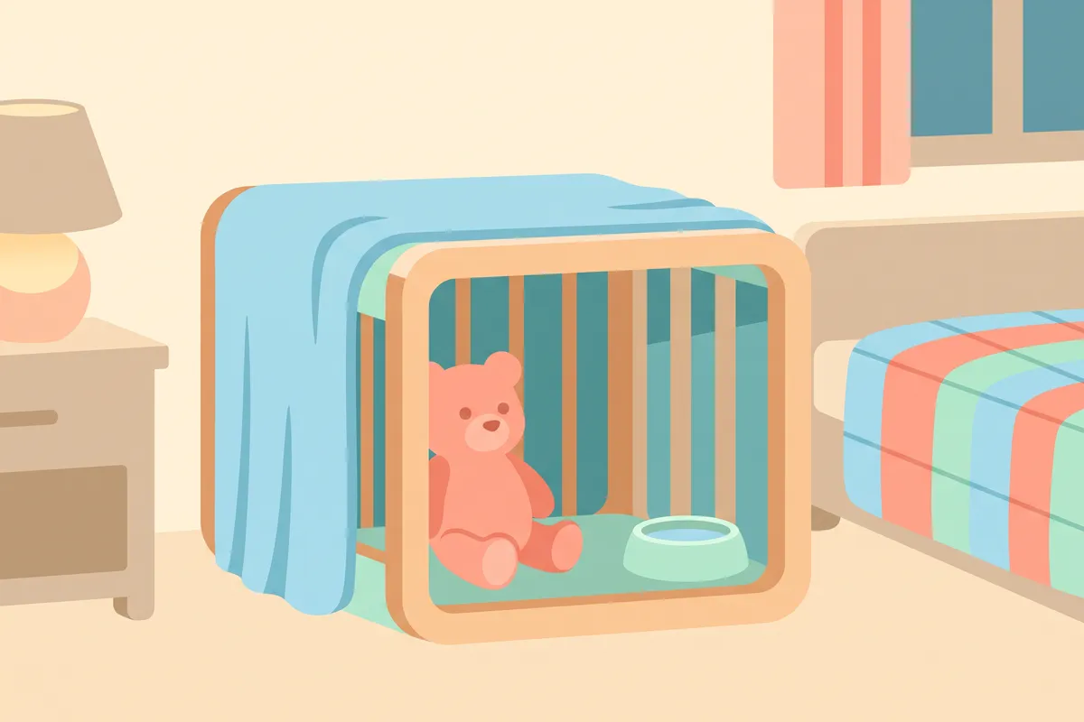 Illustration: a puppy curled up in a covered crate beside an owner's bed, a night light glowing low