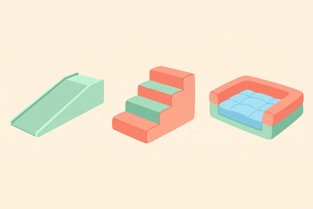 A dog ramp, folding stairs and a low floor bed laid out side by side next to a bed