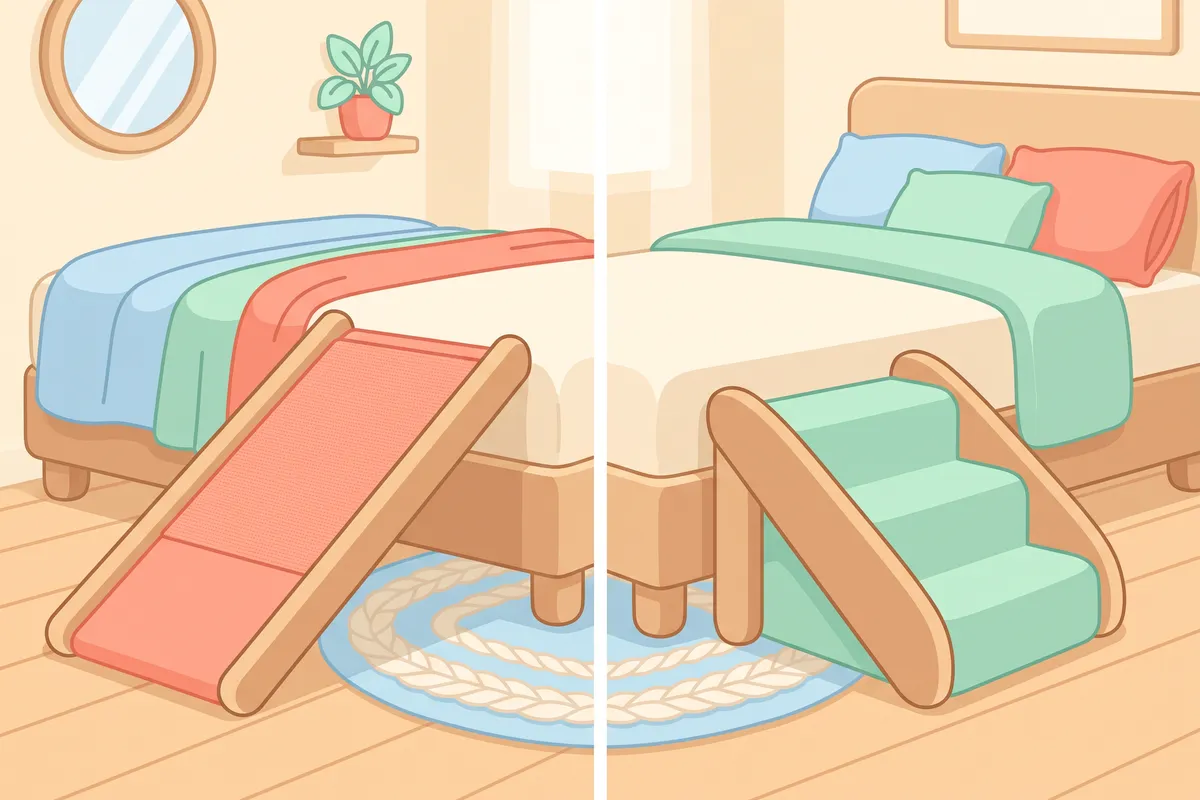 Illustration: comparison of a dog ramp's long gentle slope and a set of stairs' short steps next to the same bed, with the height marked