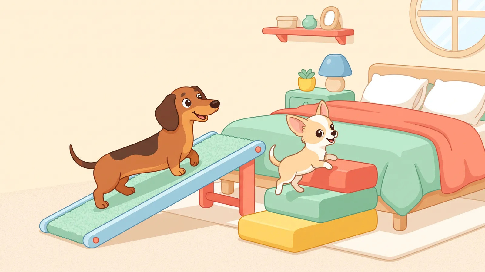 A carpeted dog ramp and a set of dog stairs side by side next to a bed, a small dog looking at both
