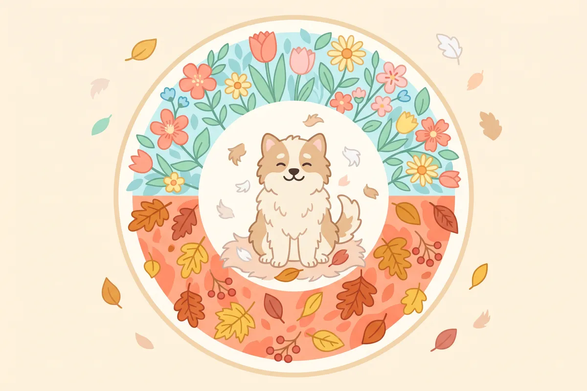 Illustration: a year-round calendar wheel with spring and fall coat-blow months highlighted and a dog brush beside it