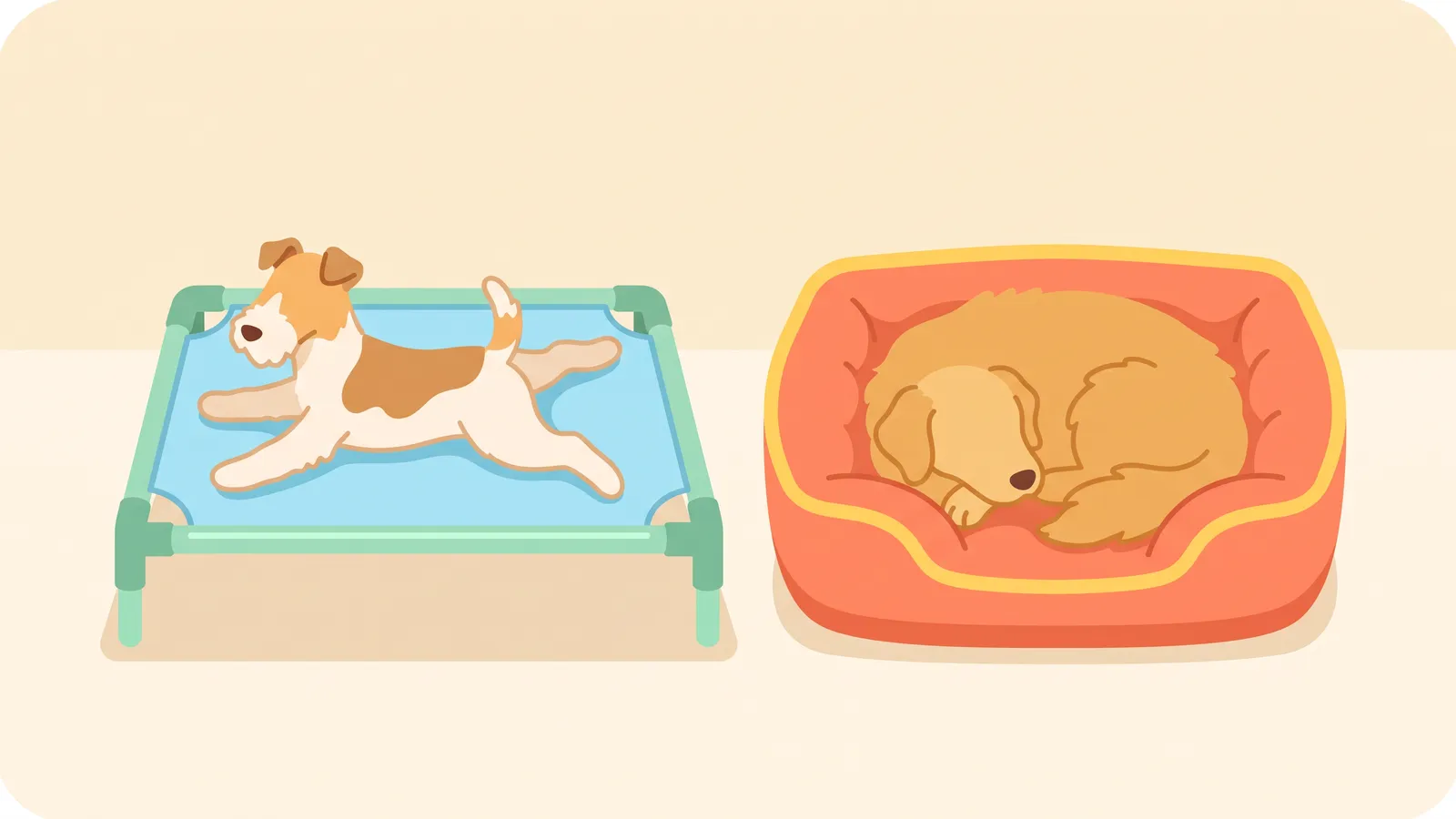 Illustration: a dog stretched out on a raised cot-style bed next to a dog curled up in a plush bolster bed