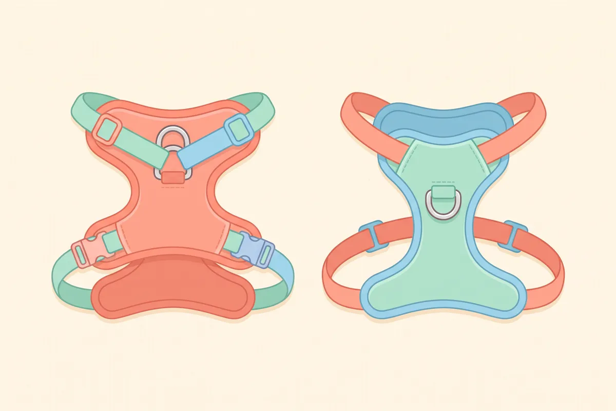 Illustration: side-by-side diagram of a Y-front harness with front and back rings and a horizontal-strap harness, arrows showing which way each one pulls the dog