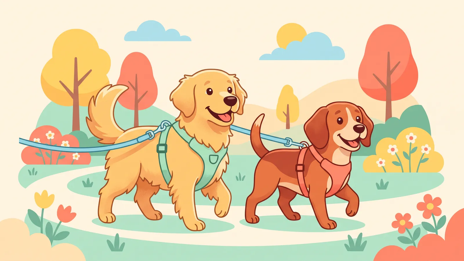Illustration: two dogs side by side in Y-front harnesses, one with the leash on the chest ring and one with the leash on the back ring