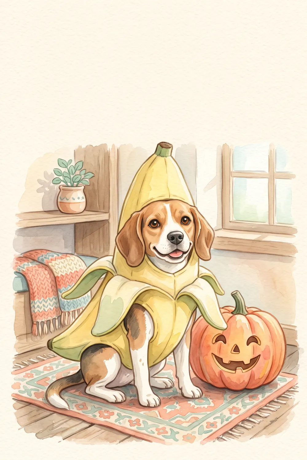 Illustration of a Beagle in a yellow banana peel costume