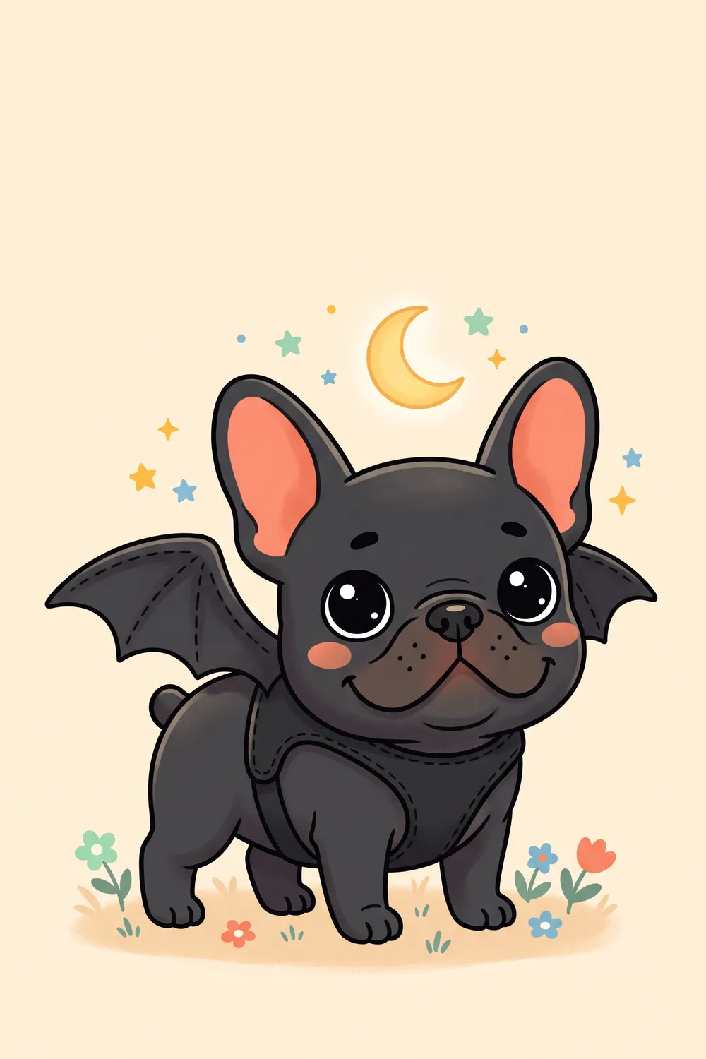 Illustration of a black French Bulldog wearing small bat wings on a harness