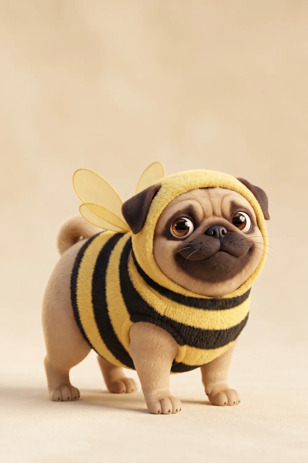 Illustration of a Pug in a striped bumblebee costume with small wings