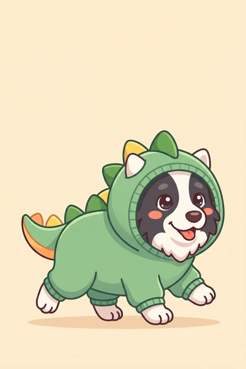 Illustration of a Border Collie in a green dinosaur costume with soft spikes