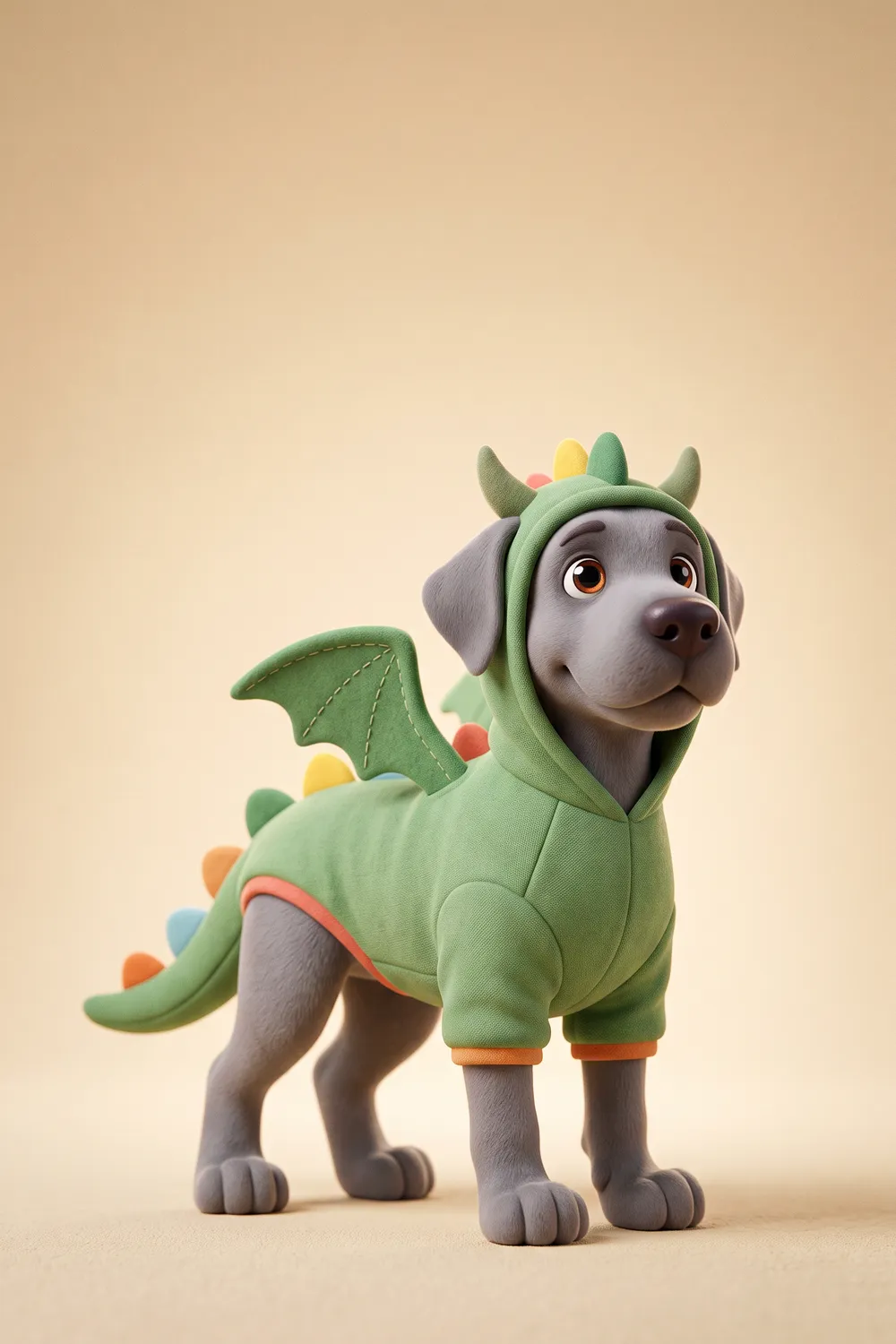 Illustration of a Great Dane in a green dragon costume with small wings and soft spikes