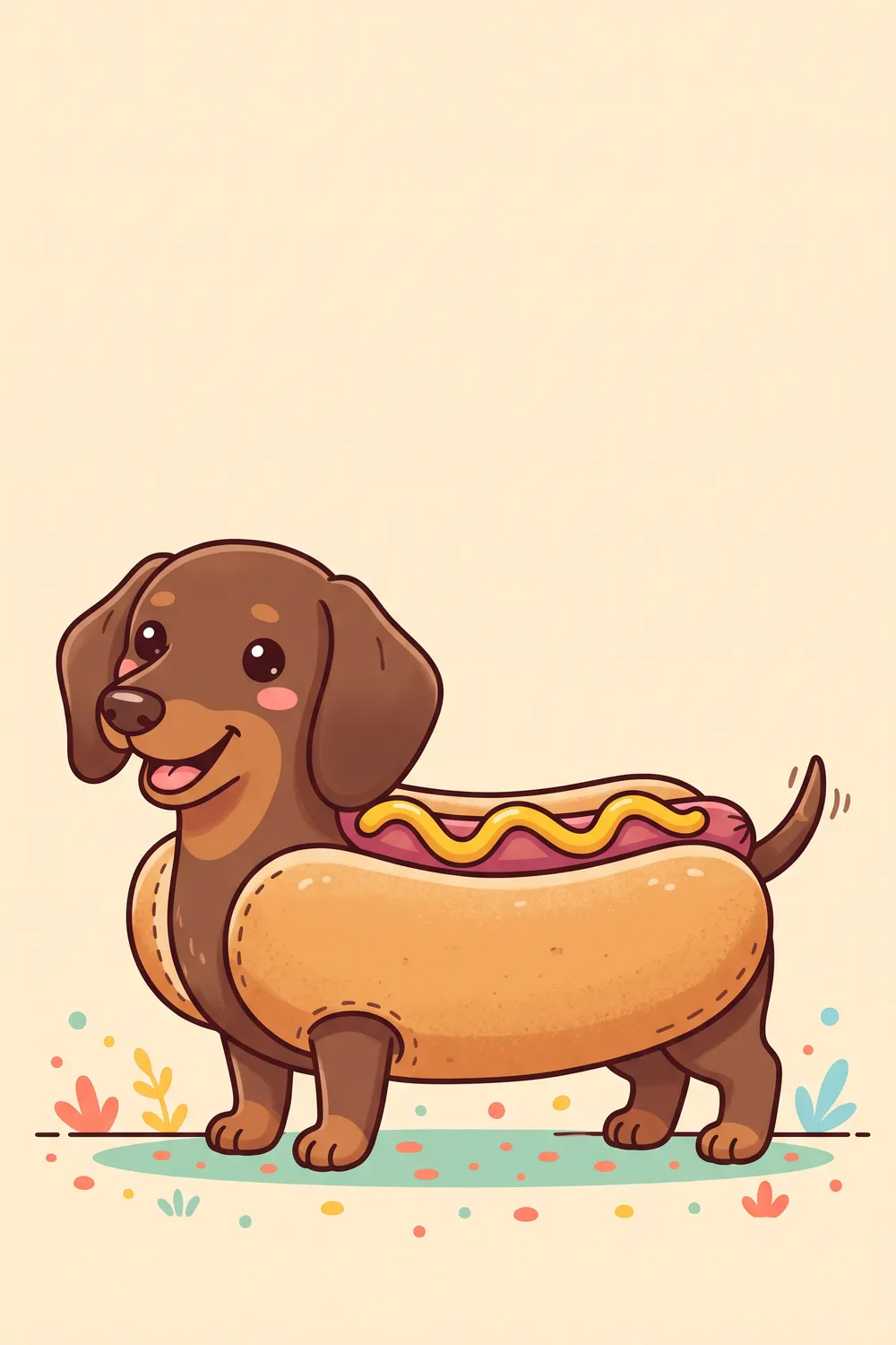 Illustration of a Dachshund in a hot dog bun costume with a mustard stripe