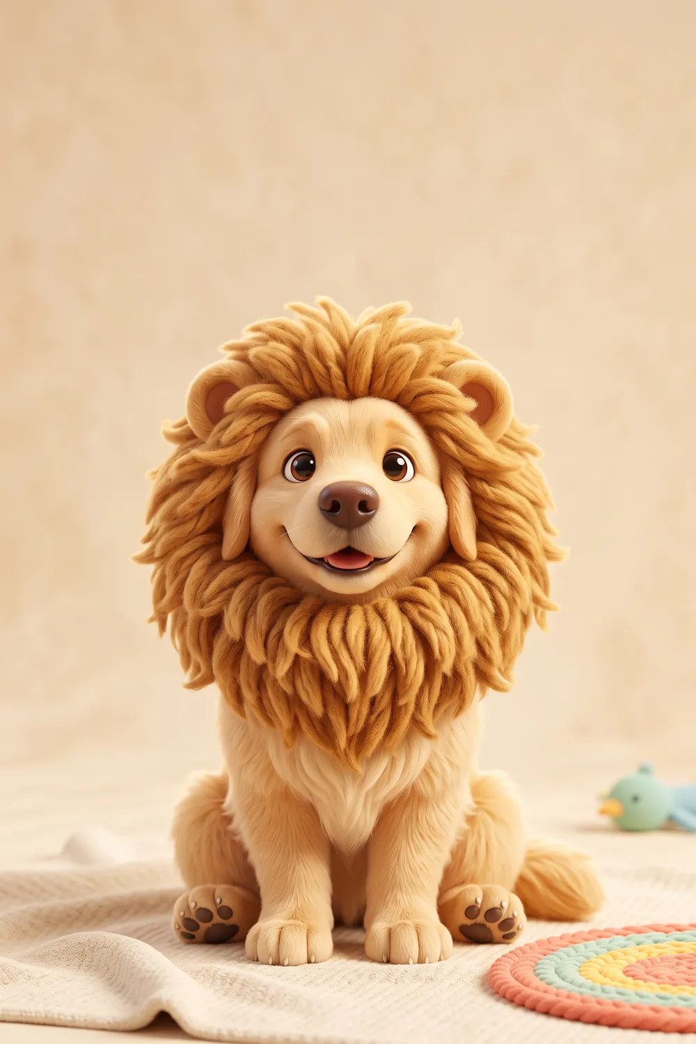 Illustration of a Golden Retriever wearing a shaggy lion mane costume