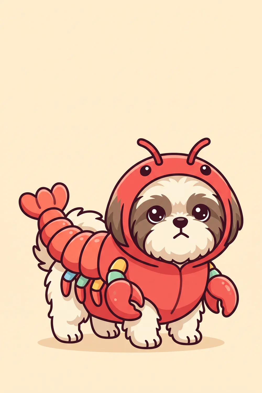 Illustration of a Shih Tzu in a red lobster costume with plush claws