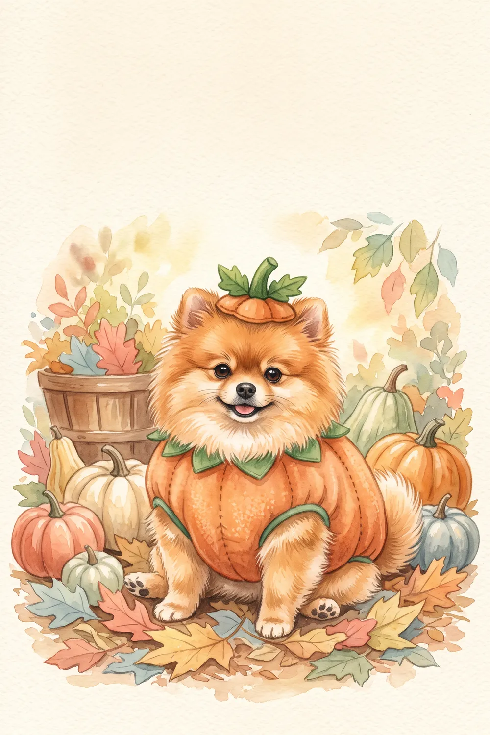 Illustration of a Pomeranian in a round pumpkin costume with a green stem hat