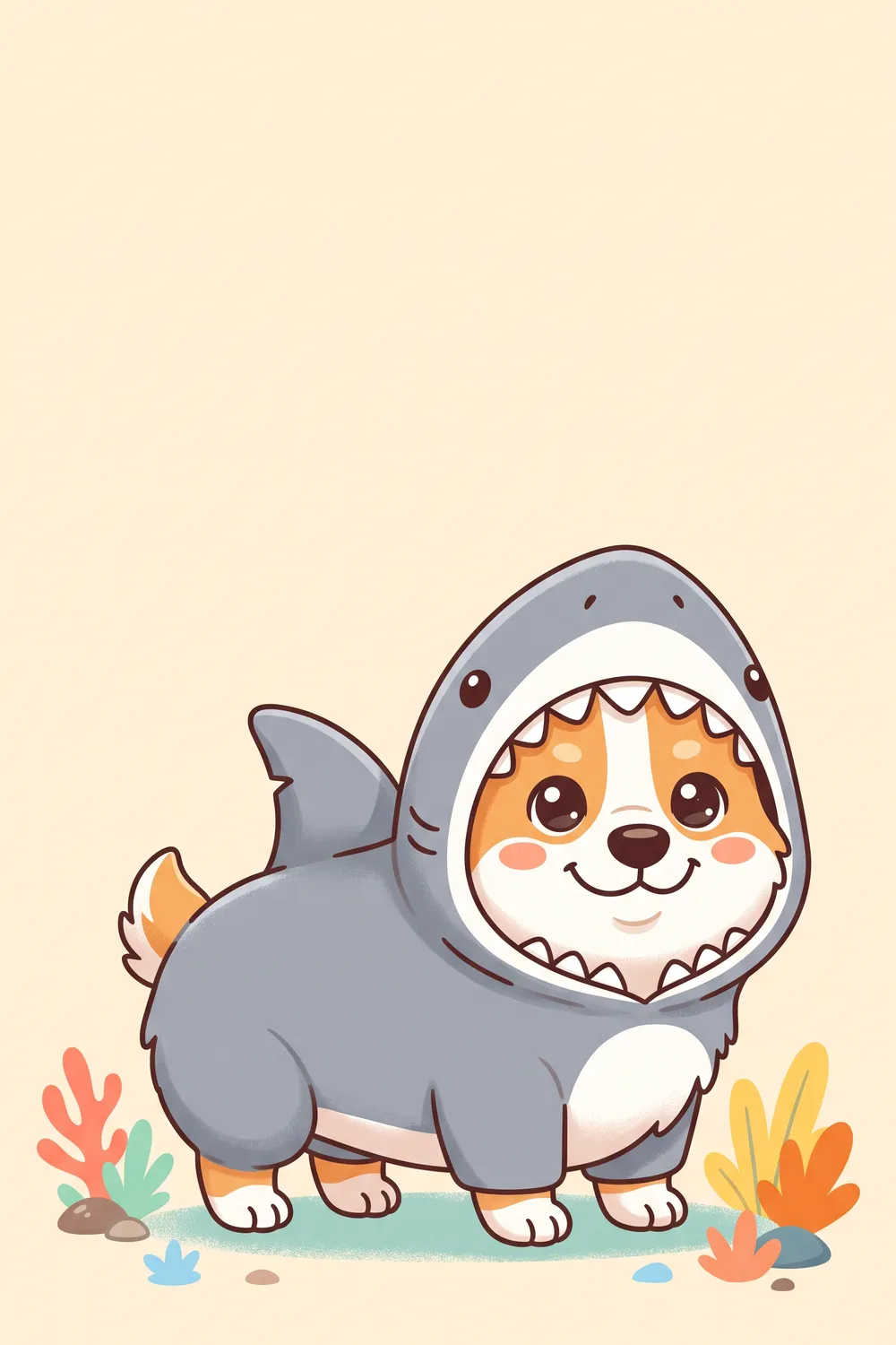Illustration of a Corgi in a grey shark costume with a fin and a loose shark-mouth hood
