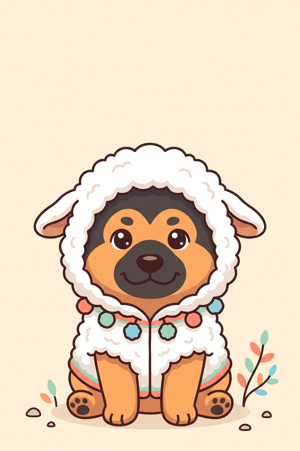 Illustration of a German Shepherd in a fluffy white sheep fleece vest