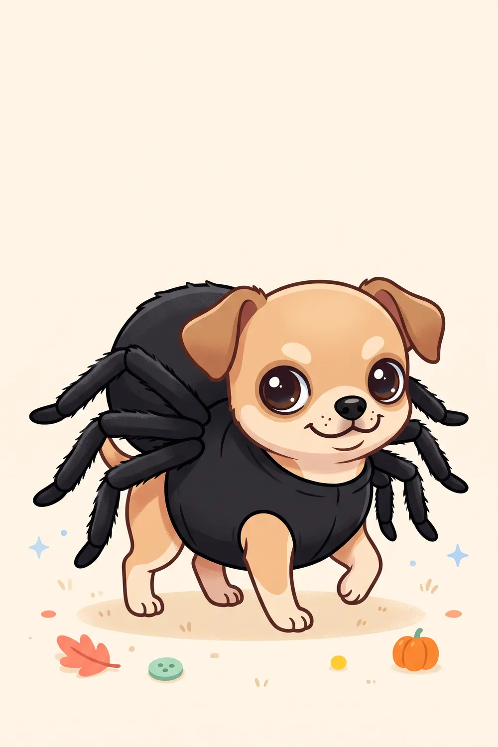 Illustration of a Chihuahua in a black spider costume with eight plush legs