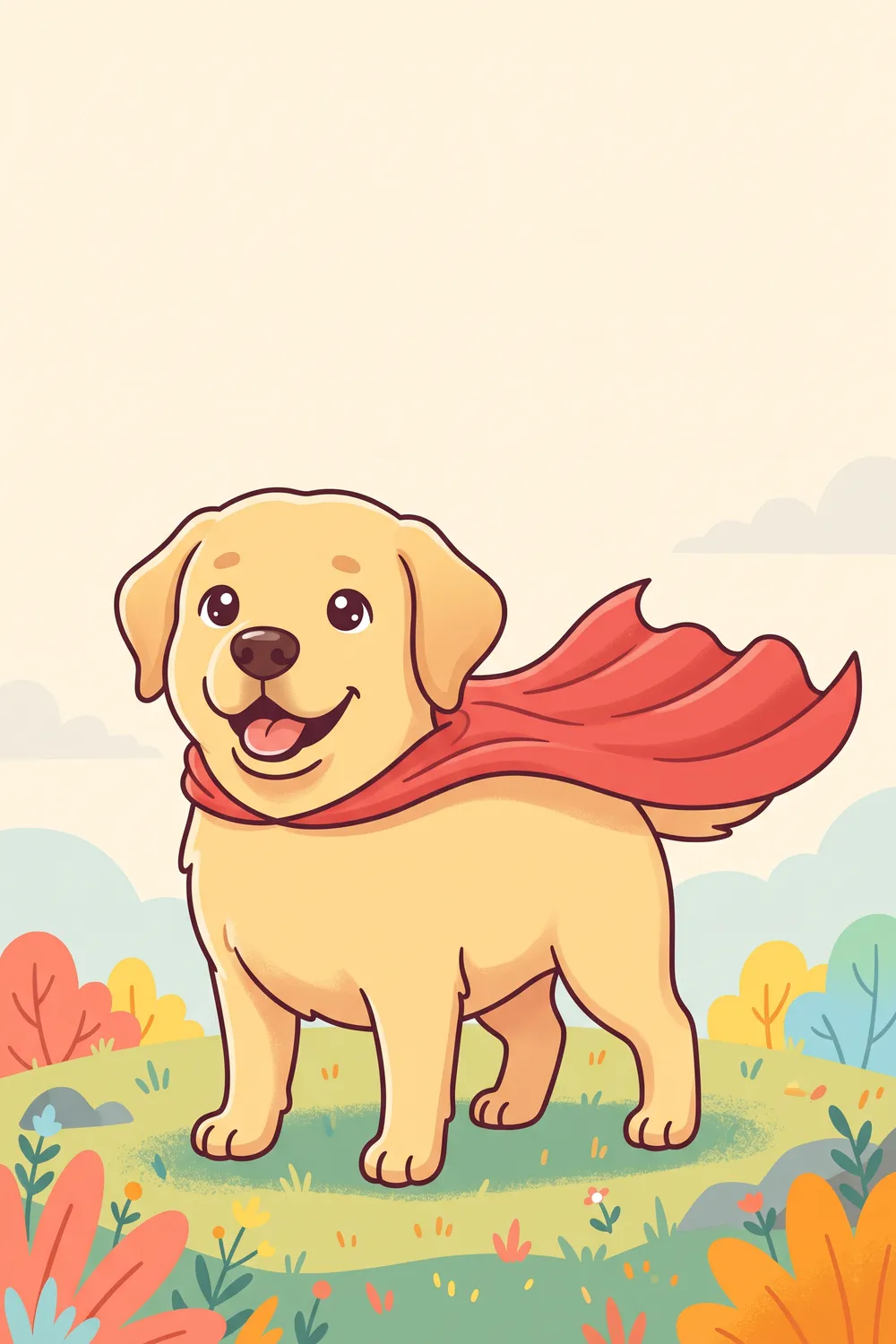 Illustration of a yellow Labrador wearing a plain red superhero cape