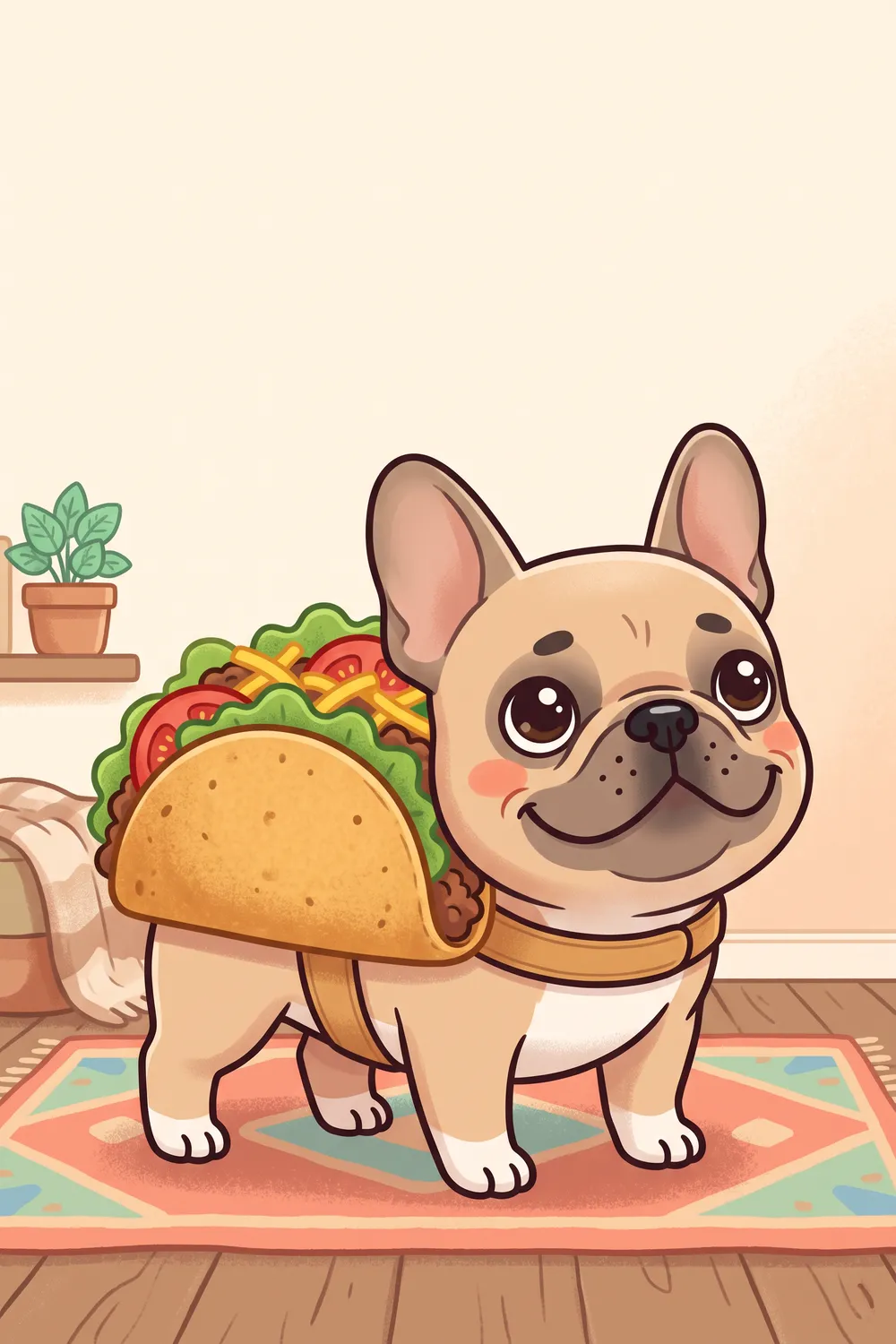 Illustration of a French Bulldog in a taco shell costume with felt lettuce, tomato and cheese