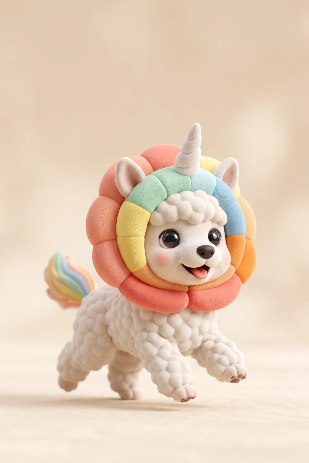 Illustration of a white Poodle in a rainbow mane hood with a plush unicorn horn