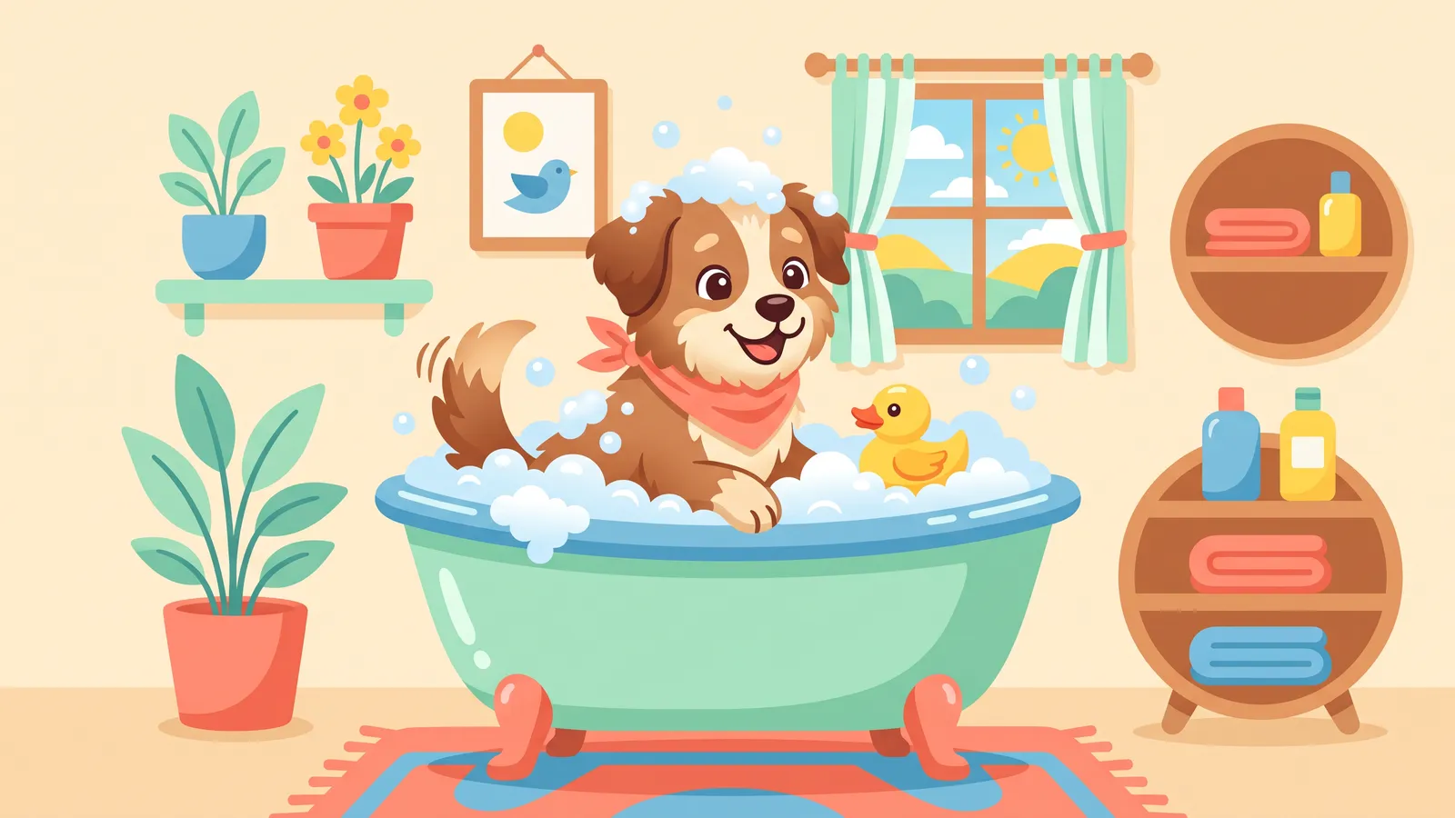 Illustration: a wet beagle in a bathtub with a handheld shower sprayer and a stack of towels