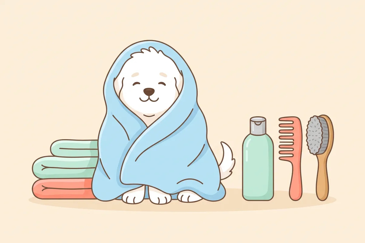 Illustration: a weekly grooming schedule chart showing brushing days and a bath every few weeks for short, double and curly coats